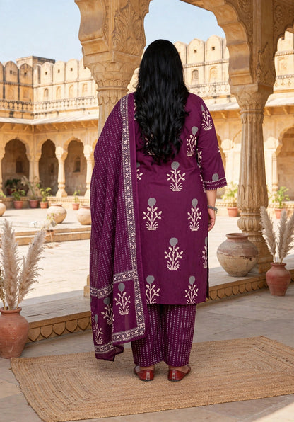 Miravan  Womens Plus Size Cotton Fabric Purple Color Kurta With Palazzo And Dupatta