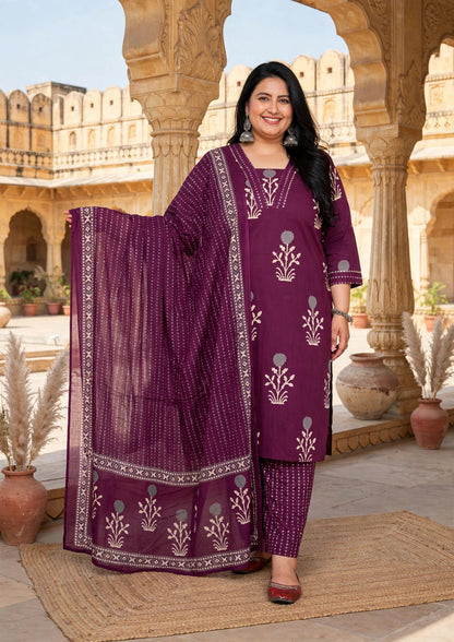 Miravan  Womens Plus Size Cotton Fabric Purple Color Kurta With Palazzo And Dupatta