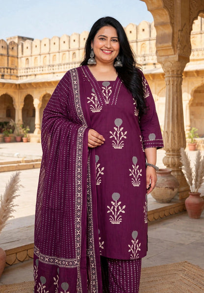 Miravan  Womens Plus Size Cotton Fabric Purple Color Kurta With Palazzo And Dupatta