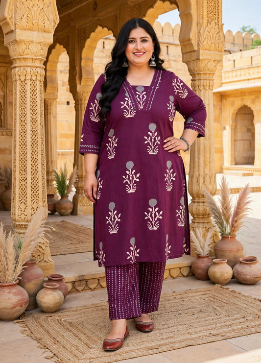 Miravan Womens Plus Size Cotton Fabric Purple New Style Kurta With Palazzo