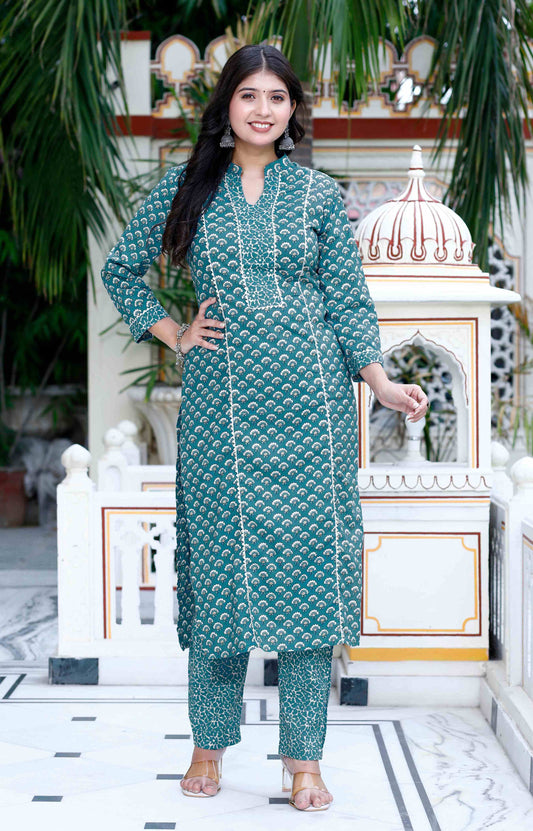 Women's Cotton Blue Floral Printed Straight Kurta And Palazzo - Miravan