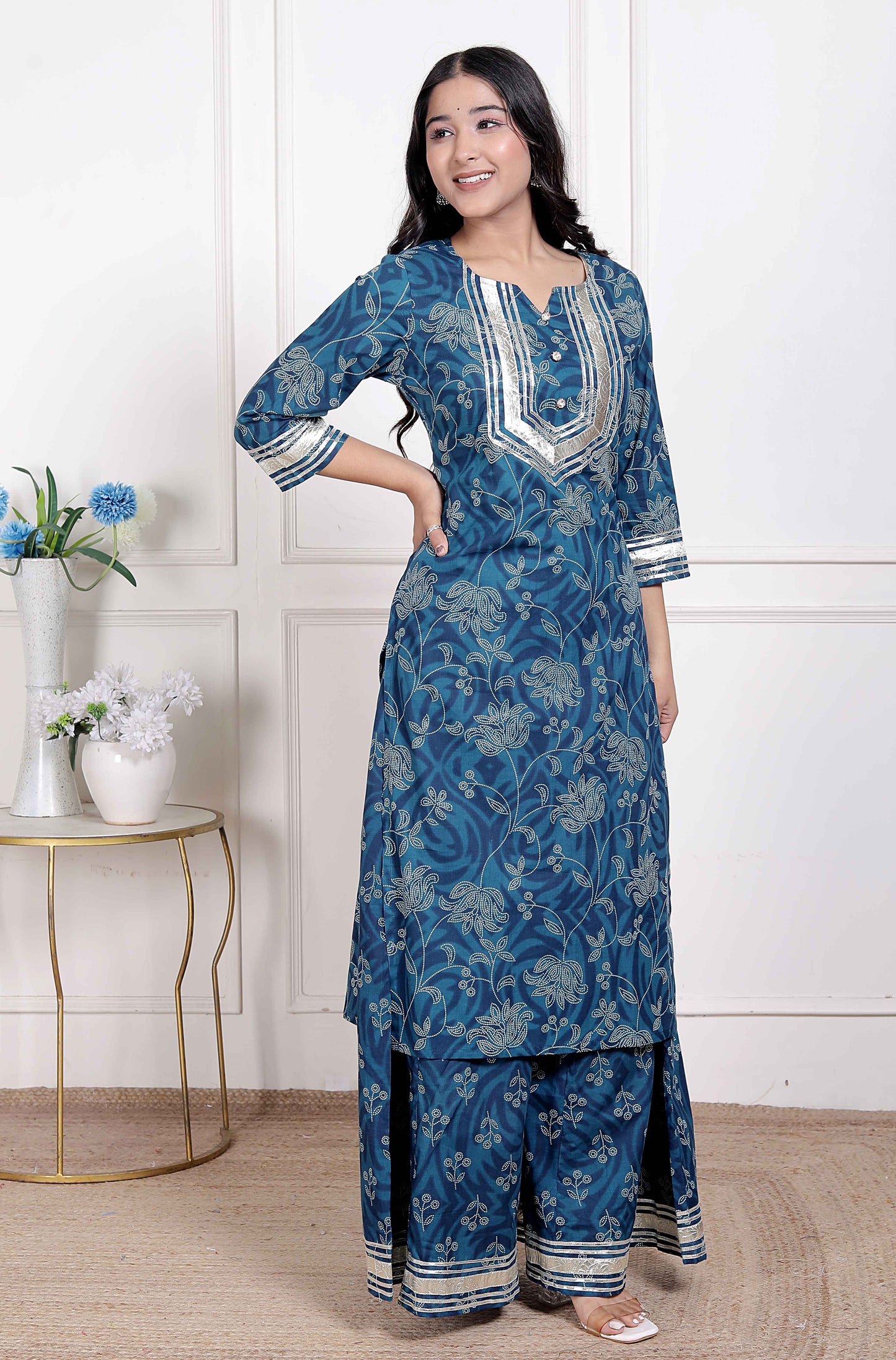 Miravan women's Cotton Floral Printed V-Neck Kurta with Flared Palazzo