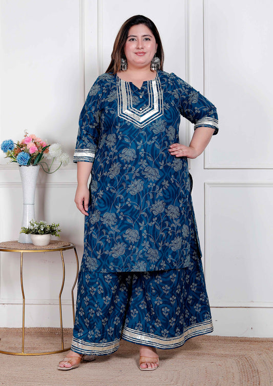 Miravan Plus Size women's Cotton Floral Printed V-Neck Kurta with Flared Palazzo