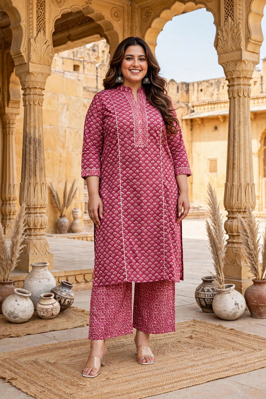 Miravan Womens Plus Size Floral Printed Charming Pink Straight Kurta With Palazzo Set