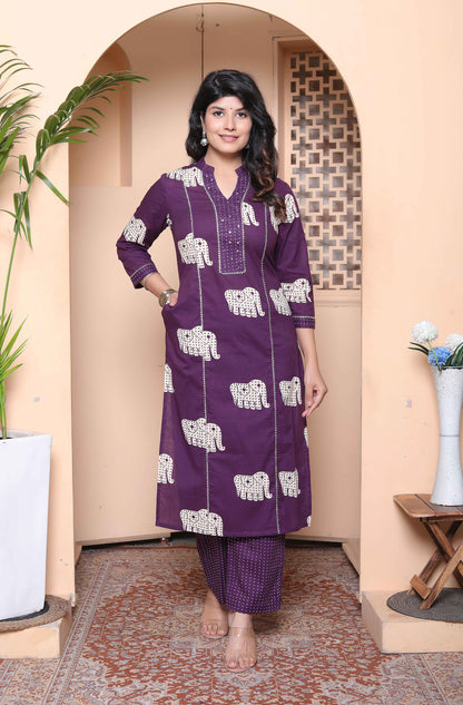 Miravan Womens Purple Printed Kurta with Palazzo