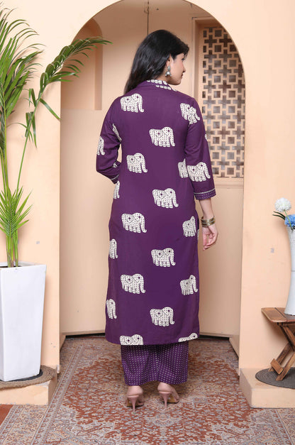 Miravan Womens Purple Printed Kurta with Palazzo