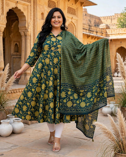 Miravan  Womens Plus Size Cotton Floral Print Green gorgeous look Anarkali Kurta with Dupatta