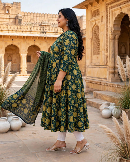 Miravan  Womens Plus Size Cotton Floral Print Green gorgeous look Anarkali Kurta with Dupatta