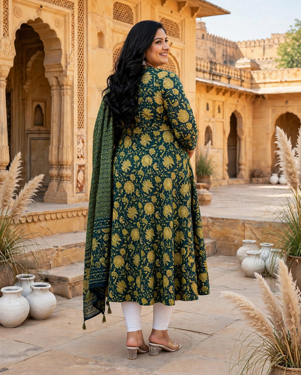 Miravan  Womens Plus Size Cotton Floral Print Green gorgeous look Anarkali Kurta with Dupatta