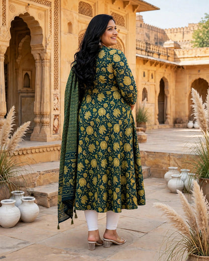 Miravan  Womens Plus Size Cotton Floral Print Green gorgeous look Anarkali Kurta with Dupatta