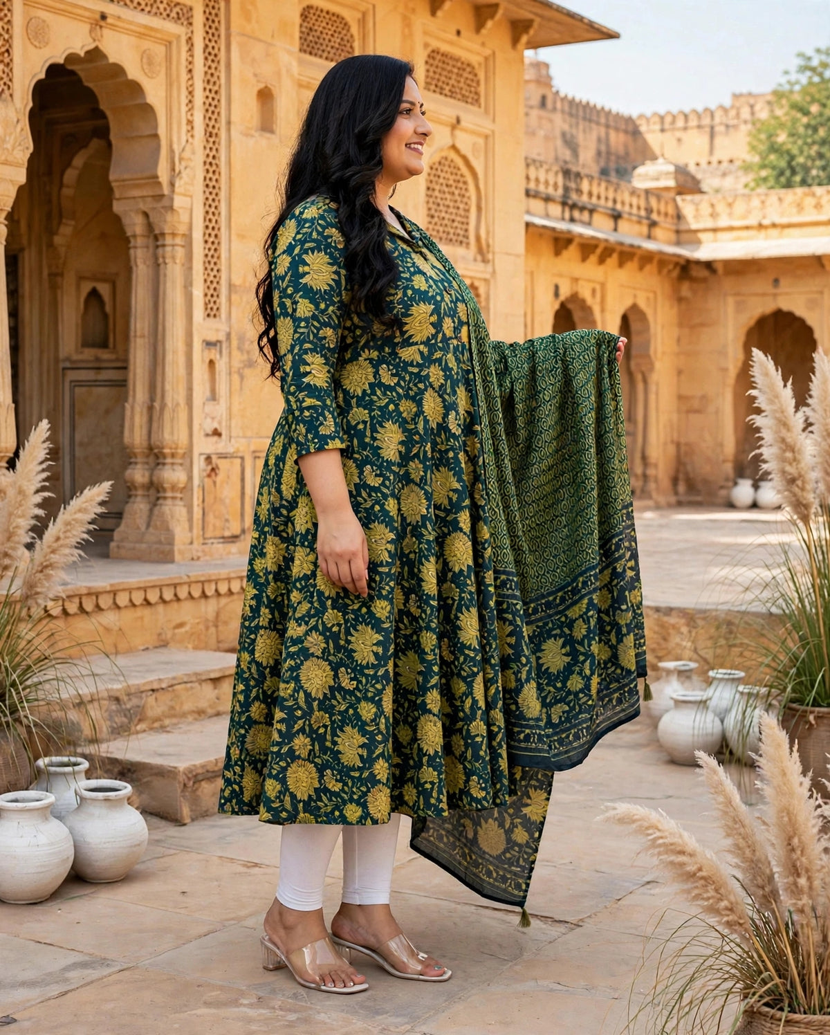 Miravan  Womens Plus Size Cotton Floral Print Green gorgeous look Anarkali Kurta with Dupatta