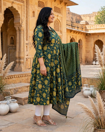 Miravan  Womens Plus Size Cotton Floral Print Green gorgeous look Anarkali Kurta with Dupatta