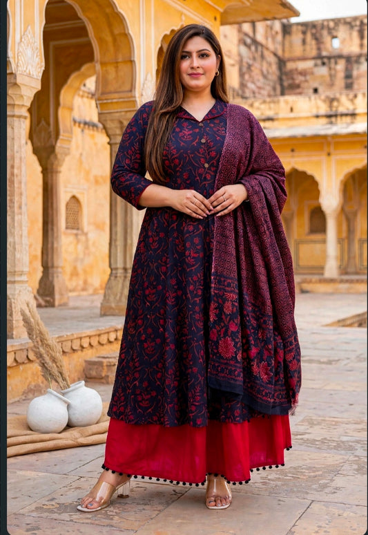 Miravan Womens Plus Size Cotton Floral Print Maroon gorgeous look Anarkali Kurta with Dupatta