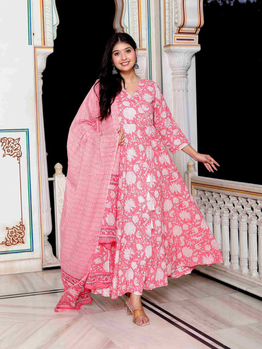 Women's Pink Cotton Floral Print Anarkali Kurta With Dupatta - Miravan