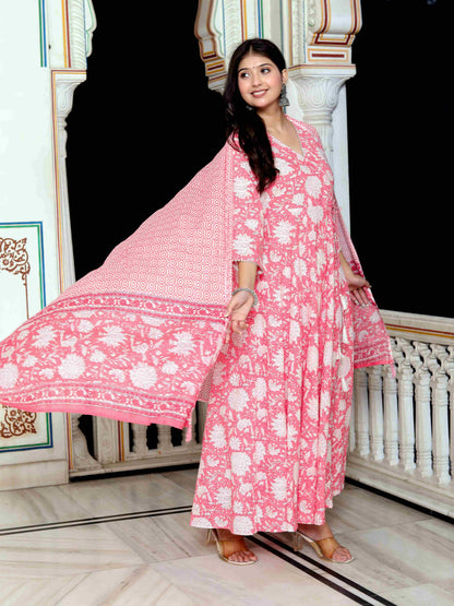 Women's Pink Cotton Floral Print Anarkali Kurta With Dupatta - Miravan