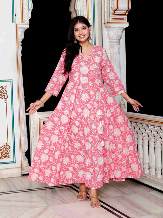 Women's Pink Cotton Floral Printed Anarkali Kurta - Miravan