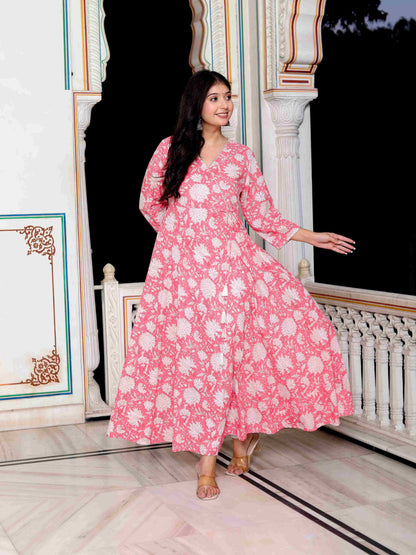 Women's Pink Cotton Floral Printed Anarkali Kurta - Miravan