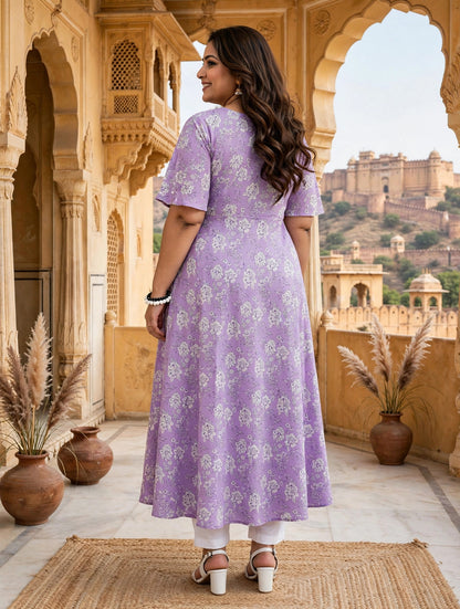 Miravan Womens Plus Size Floral Printed Cotton Anarkali Kurta