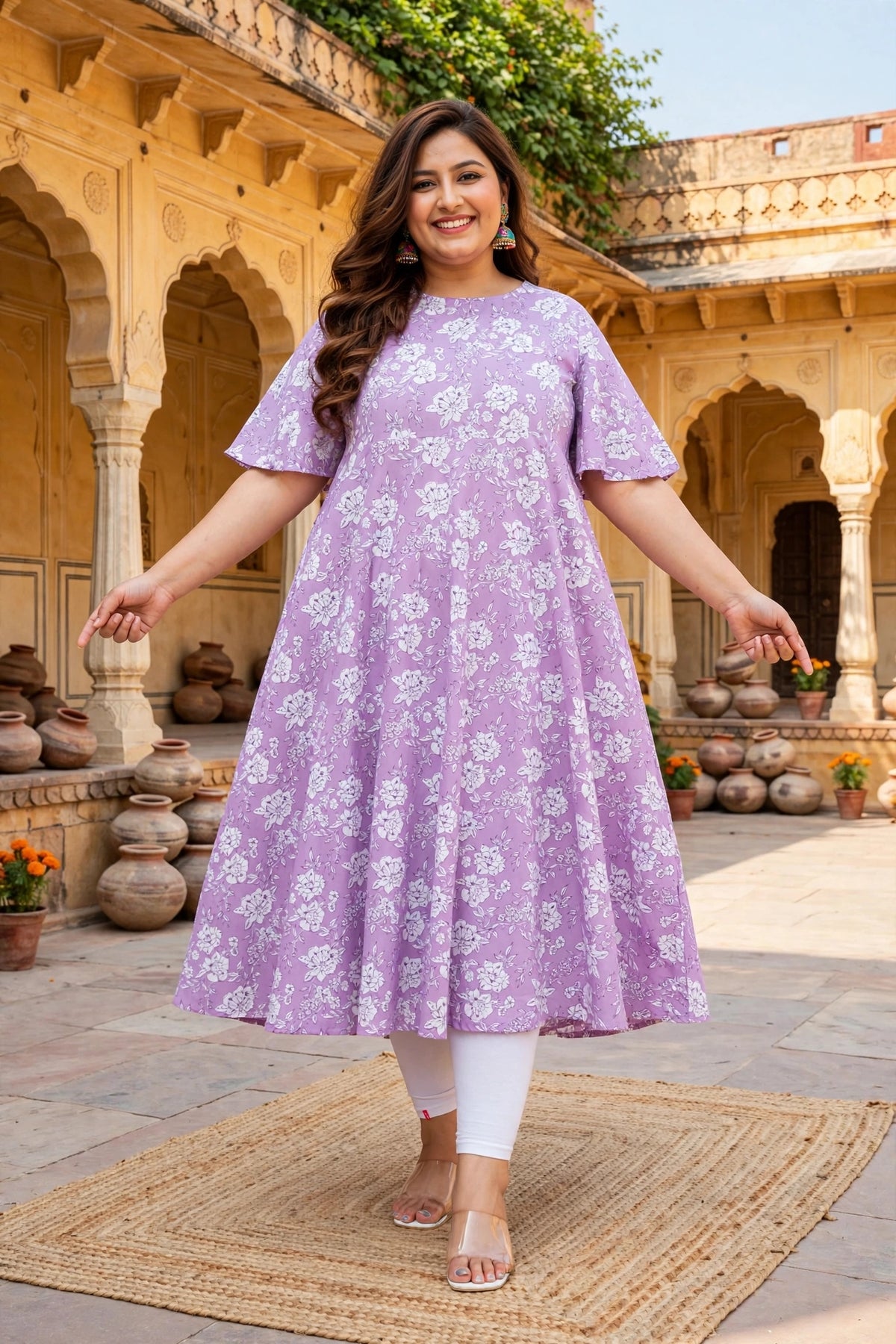 Miravan Womens Plus Size Floral Printed Cotton Anarkali Kurta
