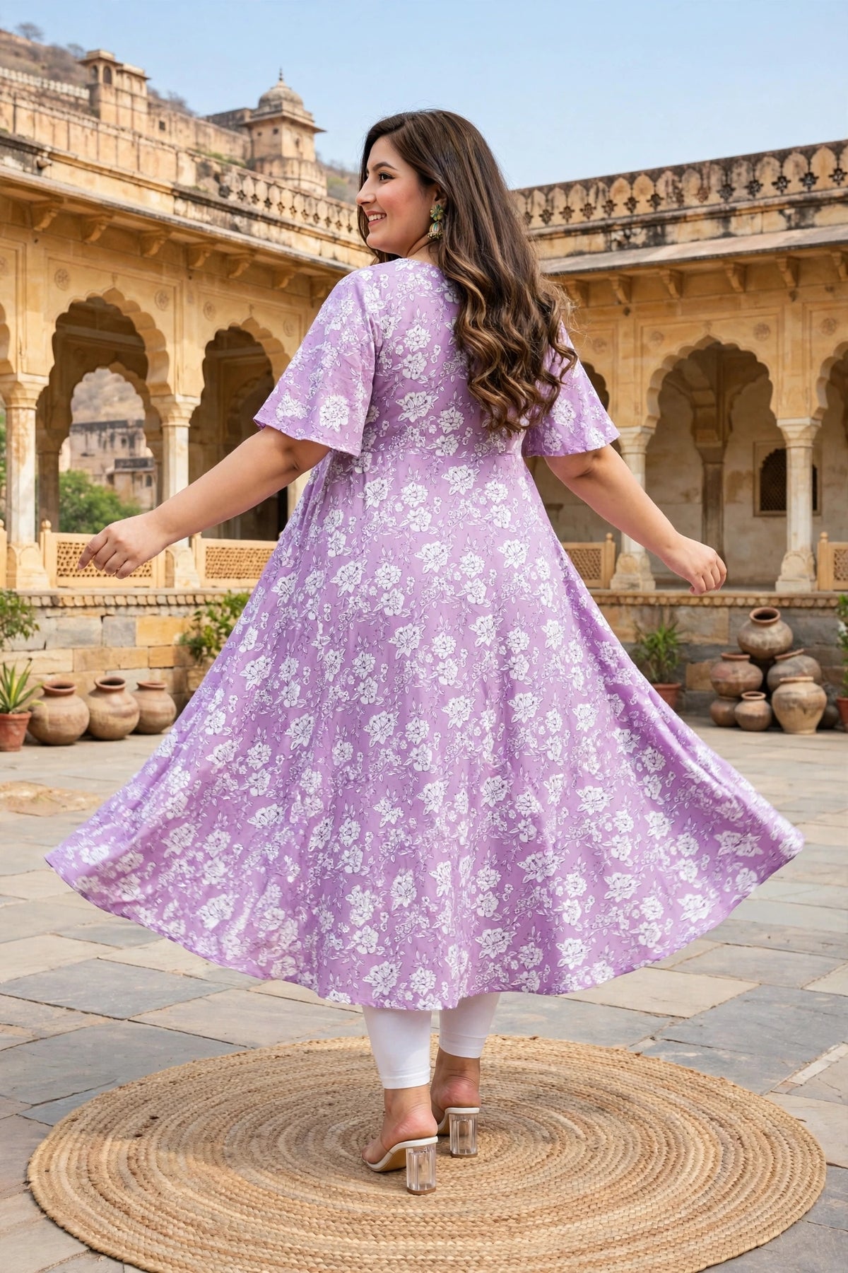 Miravan Womens Plus Size Floral Printed Cotton Anarkali Kurta
