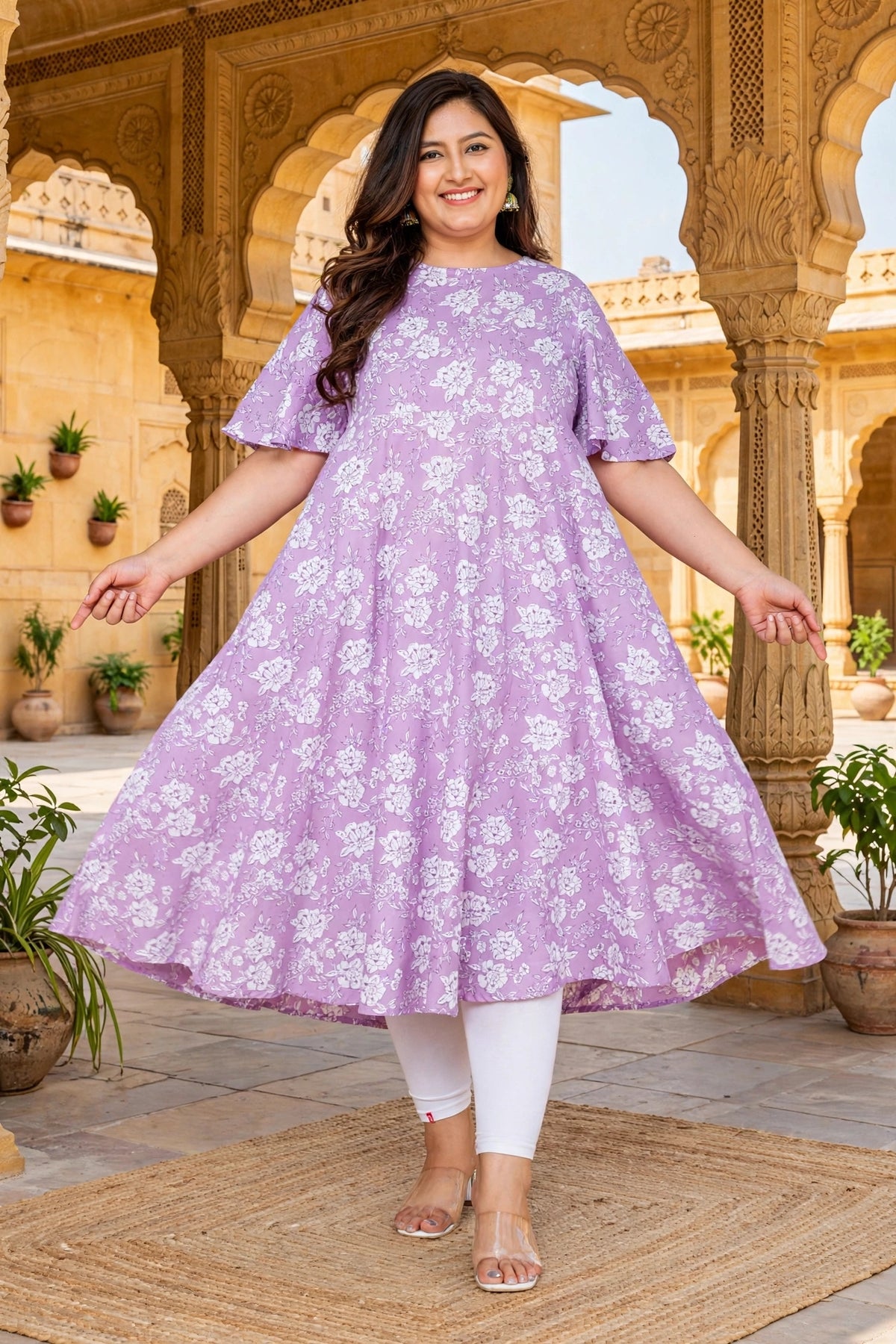 Miravan Womens Plus Size Floral Printed Cotton Anarkali Kurta