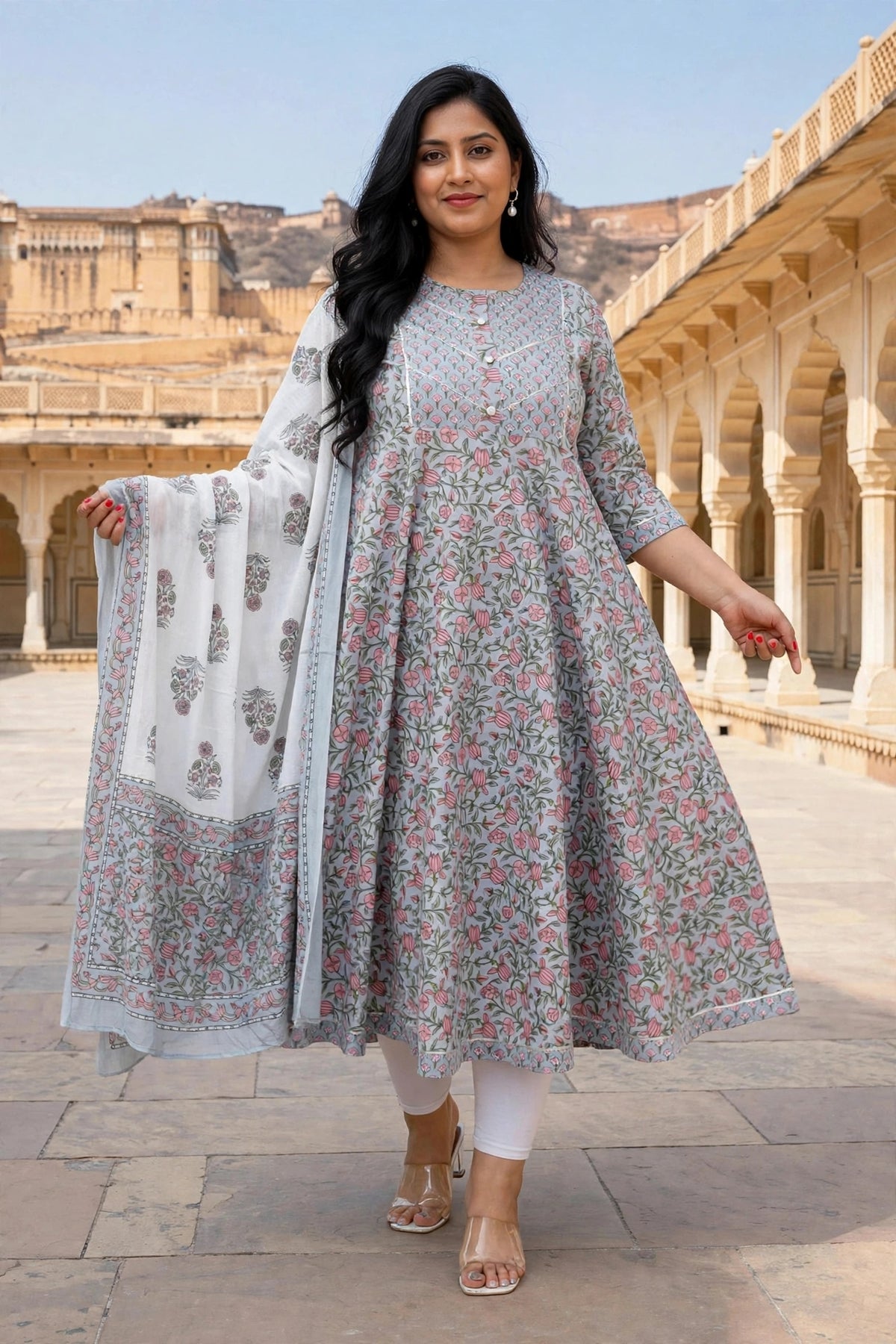 Miravan Womens Plus Size Blue Gota Work Anarkali Kurta & Floral Dupatta Set