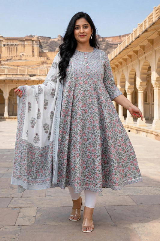 Miravan Womens Plus Size Blue Gota Work Anarkali Kurta & Floral Dupatta Set