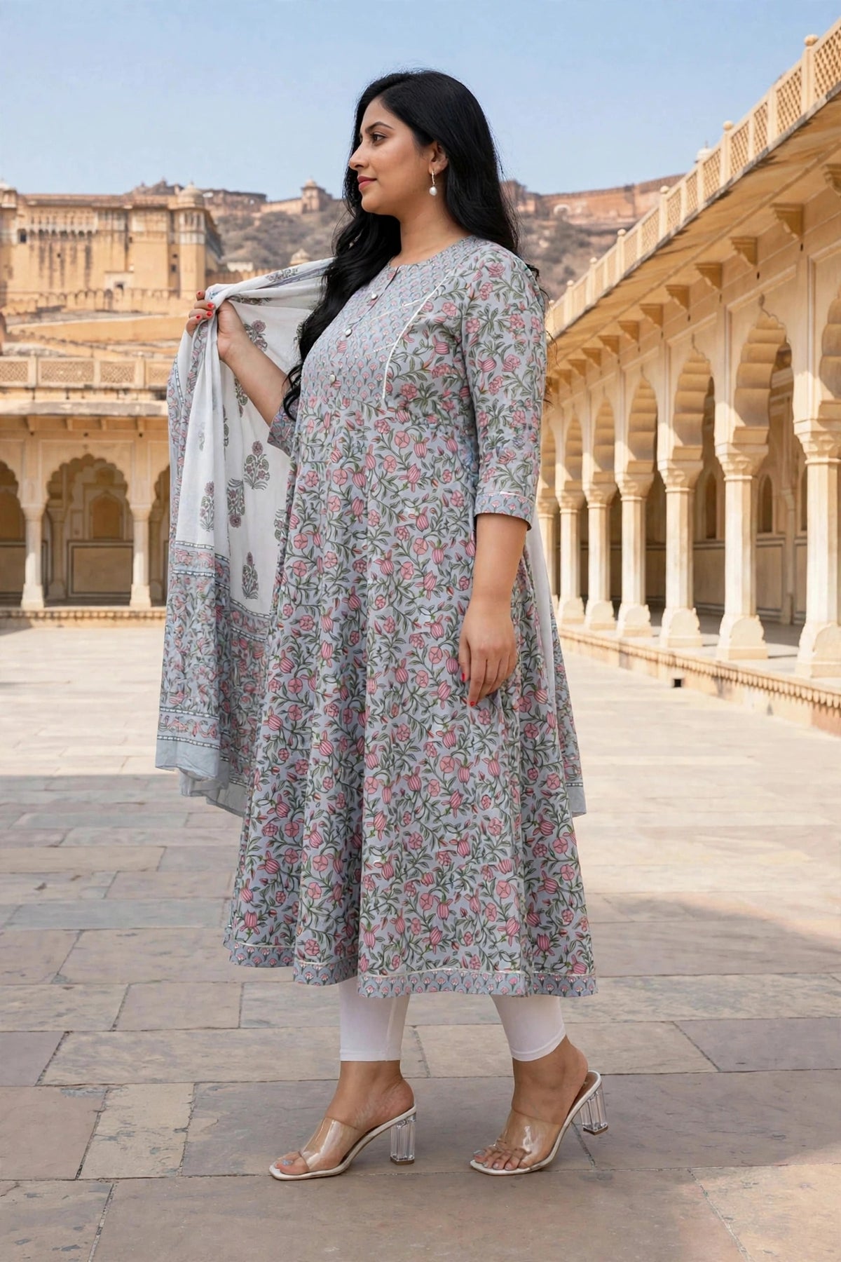 Miravan Womens Plus Size Blue Gota Work Anarkali Kurta & Floral Dupatta Set
