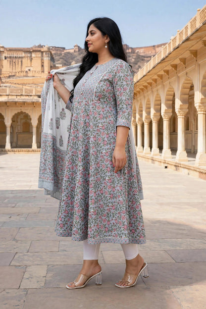 Miravan Womens Plus Size Blue Gota Work Anarkali Kurta & Floral Dupatta Set