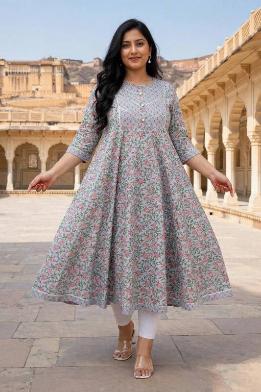 Miravan Womens Plus Size Blue Floral Printed And Gota Work Cotton Ethnic Anarkali
