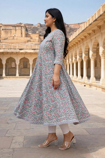 Miravan Womens Plus Size Blue Floral Printed And Gota Work Cotton Ethnic Anarkali