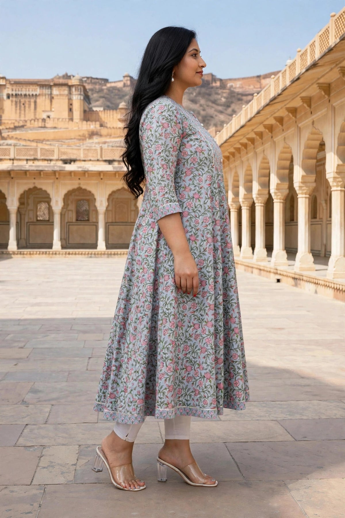 Miravan Womens Plus Size Blue Floral Printed And Gota Work Cotton Ethnic Anarkali