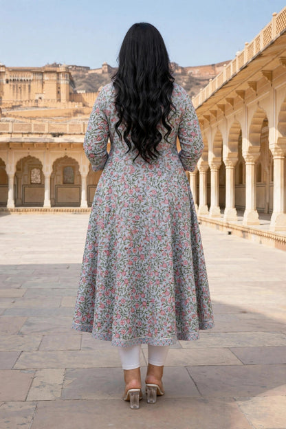 Miravan Womens Plus Size Blue Floral Printed And Gota Work Cotton Ethnic Anarkali