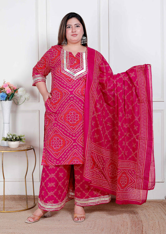 Miravan Plus Size Women's Pink Bandhani Printed Straight Kurta with Palazzo & Dupatta