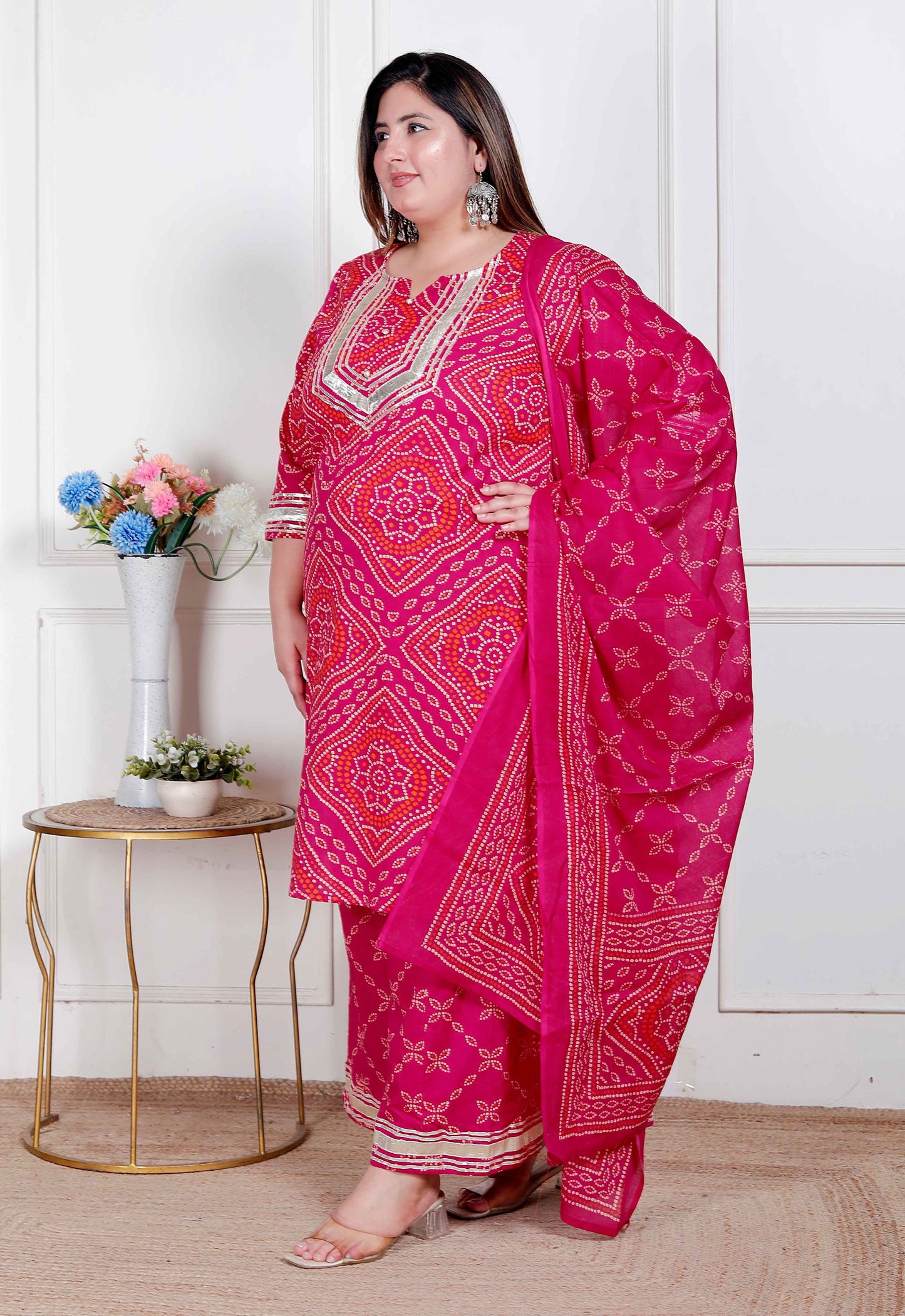 Miravan Plus Size Women's Pink Bandhani Printed Straight Kurta with Palazzo & Dupatta