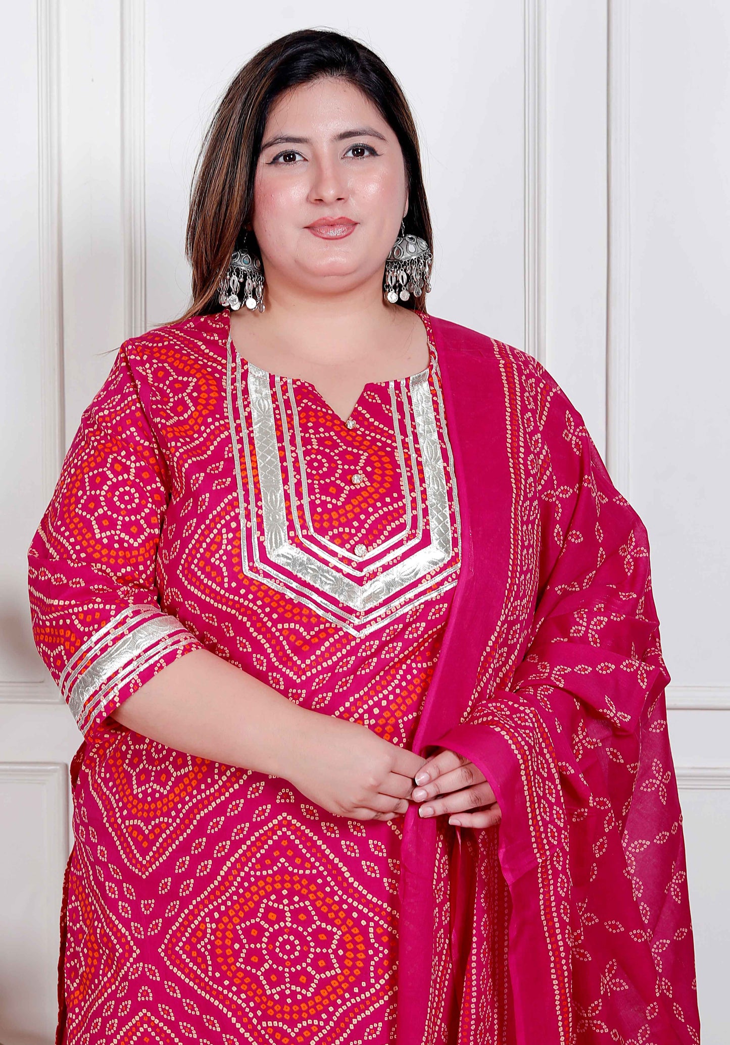 Miravan Plus Size Women's Pink Bandhani Printed Straight Kurta with Palazzo & Dupatta