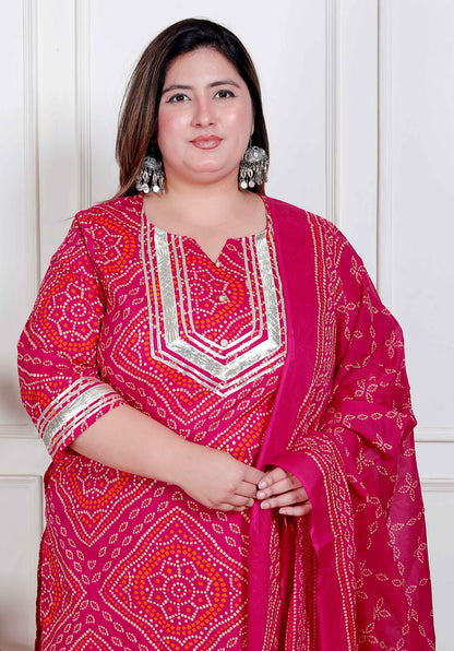 Miravan Plus Size Women's Pink Bandhani Printed Straight Kurta with Palazzo & Dupatta