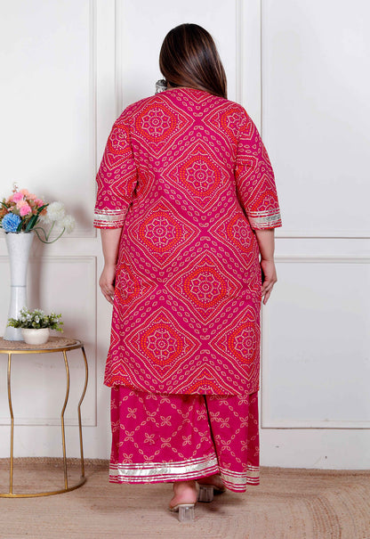 Miravan Plus Size Women's Pink Bandhani Printed Straight Kurta with Palazzo & Dupatta