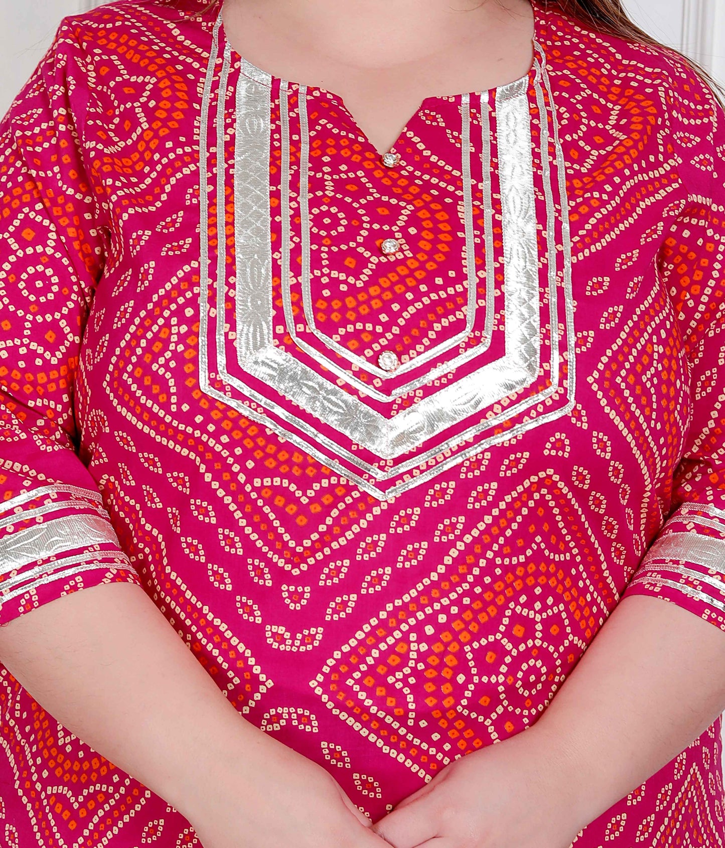 Miravan Plus Size Women's Pink Bandhani Printed Straight Kurta with Palazzo & Dupatta