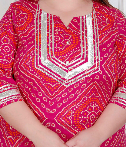 Miravan Plus Size Women's Pink Bandhani Printed Straight Kurta with Palazzo & Dupatta
