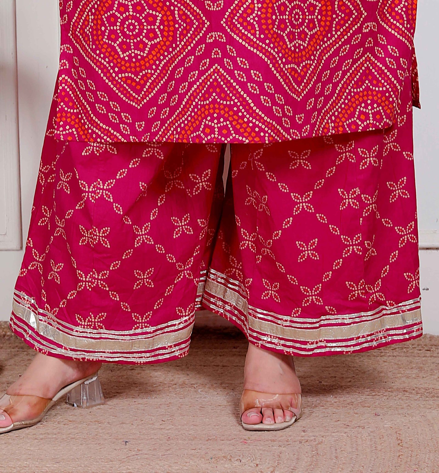 Miravan Plus Size Women's Pink Bandhani Printed Straight Kurta with Palazzo & Dupatta