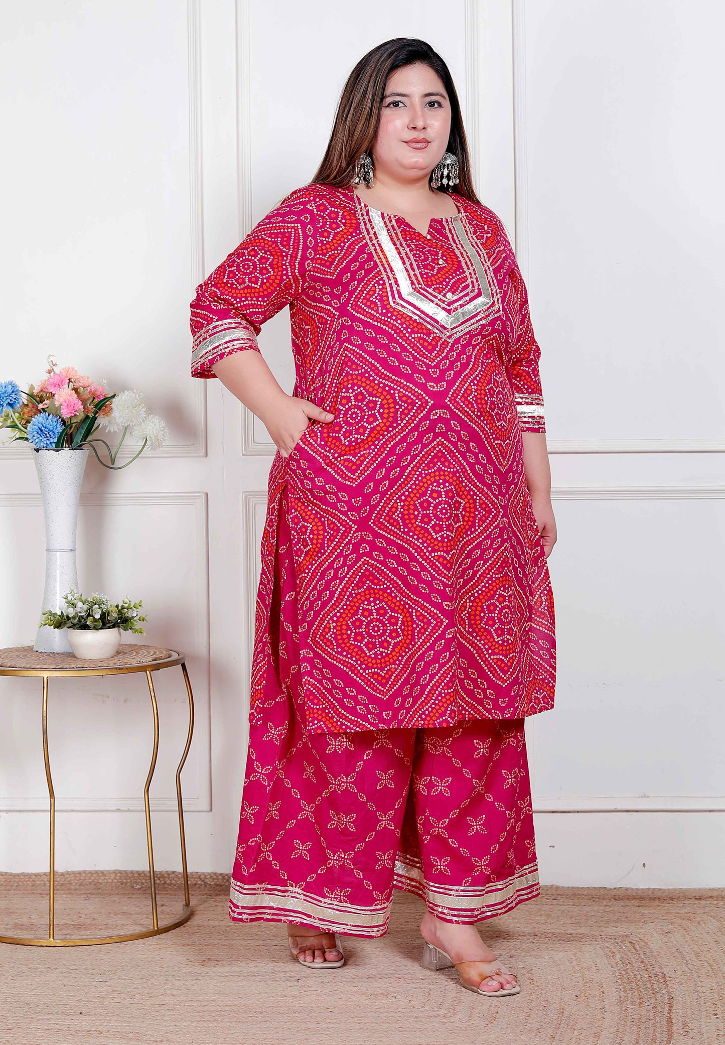 Miravan Plus Size Women's Embellished ethnic cotton Kurta with palazzo