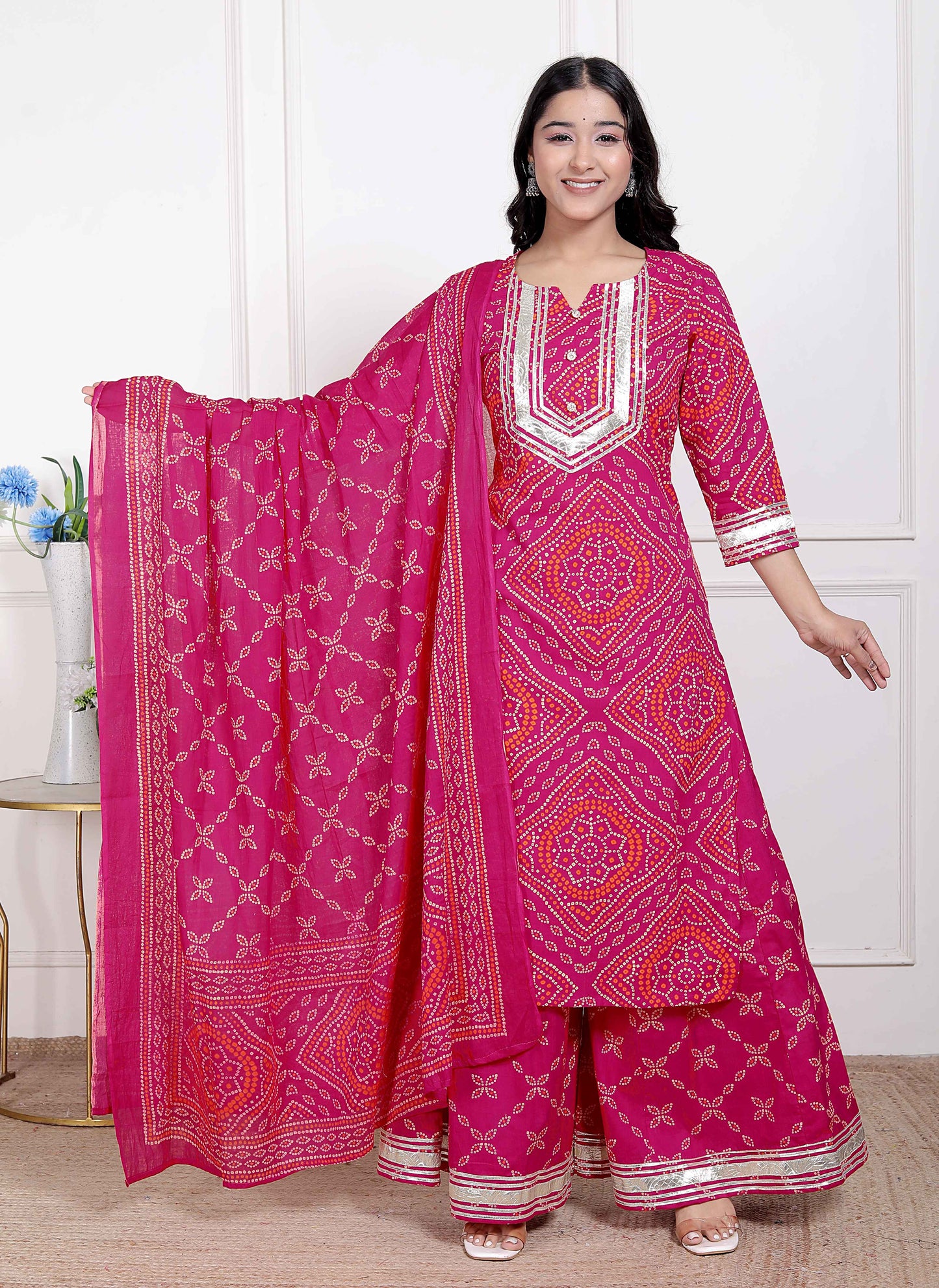 Miravan Women's Pink Bandhani Printed Straight Kurta with Palazzo & Dupatta