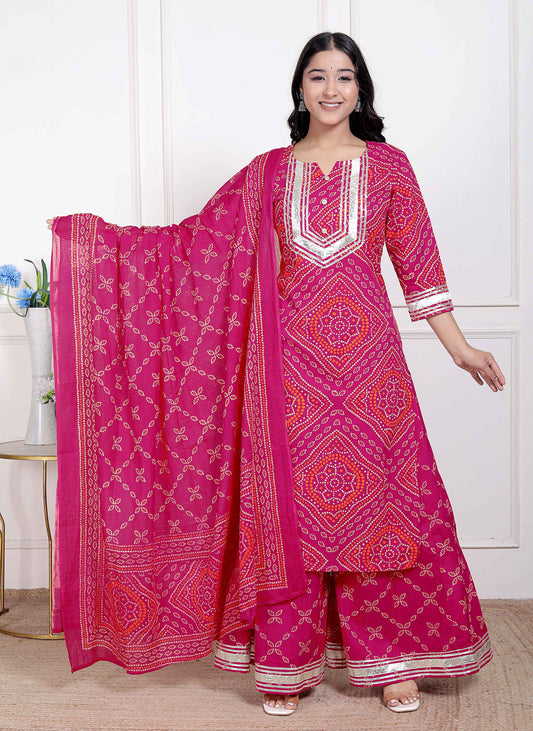 Miravan Women's Pink Bandhani Printed Straight Kurta with Palazzo & Dupatta