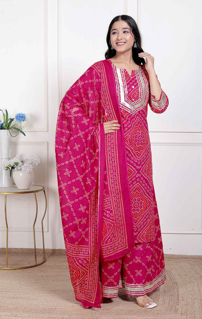 Miravan Women's Pink Bandhani Printed Straight Kurta with Palazzo & Dupatta