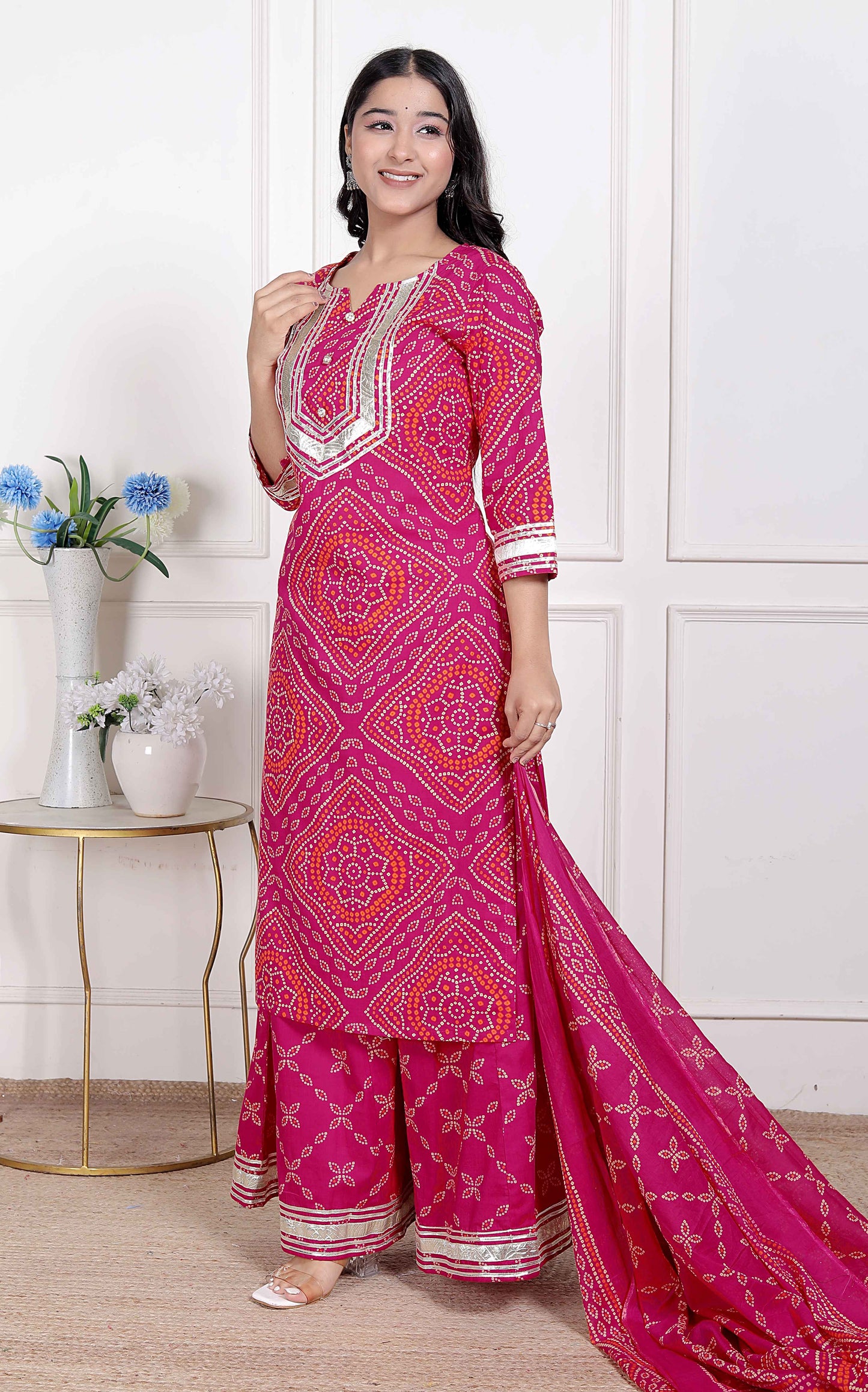 Miravan Women's Pink Bandhani Printed Straight Kurta with Palazzo & Dupatta