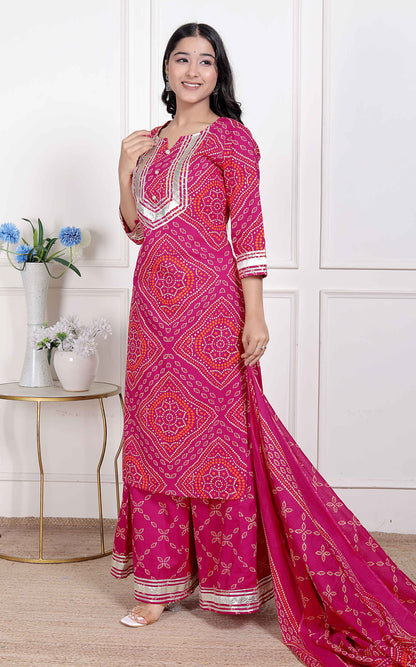 Miravan Women's Pink Bandhani Printed Straight Kurta with Palazzo & Dupatta