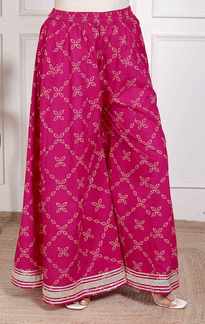 Miravan Women's Pink Bandhani Printed Straight Kurta with Palazzo & Dupatta