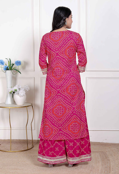 Miravan Women's Pink Bandhani Printed Straight Kurta with Palazzo & Dupatta