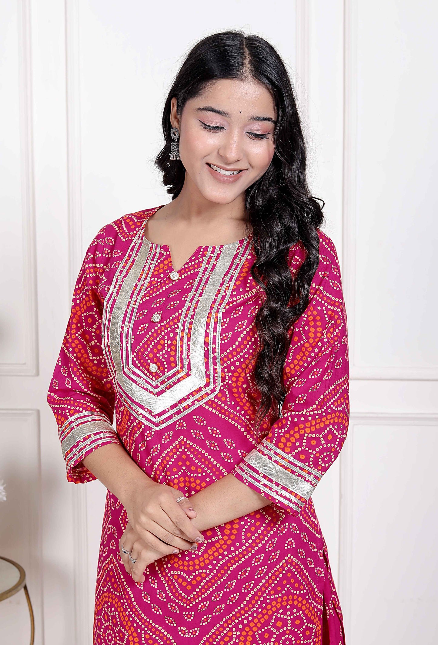 Miravan Women's Pink Bandhani Printed Straight Kurta with Palazzo & Dupatta
